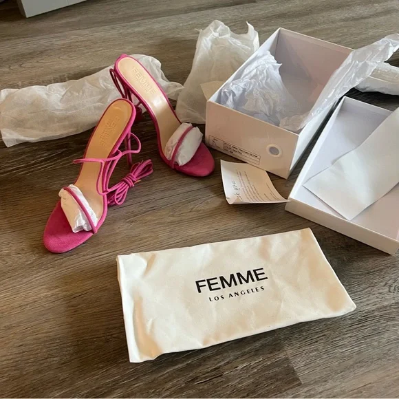 NWT Femme Barely There Lace Up Sandals in Deep Pink as seen on Hailey Bieber - Picture 8 of 15